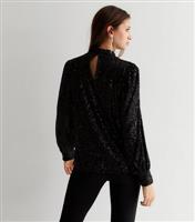 Gini London Black Sequin High Neck Long Sleeve Blouse New Look
