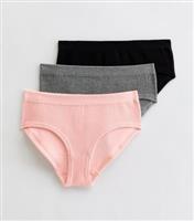 Girls' 3 Pack Pink Grey and Black Ribbed Seamless Briefs New Look