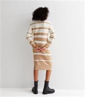 Brown Stripe Knit Crew Neck Midi Dress New Look