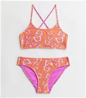 Girls' Orange Butterfly Print Strappy Bikini Set New Look