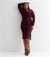 Curves Dark Purple V Neck Long Sleeve Midi Wrap Dress New Look