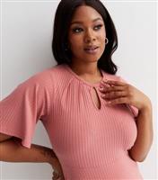Curves Mid Pink Ribbed Jersey Short Sleeve Keyhole Mini Dress New Look