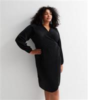 Curves Black Pliss V Neck Long Sleeve Midi Wrap Dress New Look