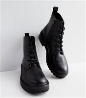 Women's Black Leather-Look Chunky Lace Up Boots ONLY New Look