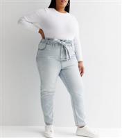 Women's Plus Size Blue Paperbag High Waist Belted Dayna Tapered Jeans Curves New Look