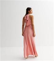 Petite Pink Satin Ruched Halter Maxi Dress New Look