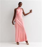 Tall Pink Satin Halter Neck Tie Back Maxi Dress New Look