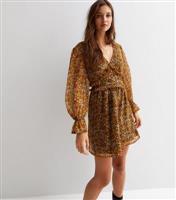 Women's Brown Floral Ruffle V Neck Long Puff Sleeve Mini Dress Influence New Look