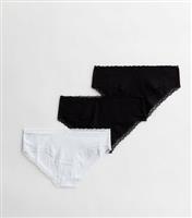 Women's 3 Pack Black and White Ribbed Cotton Lace Trim Short Briefs New Look