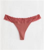 Women's Pink Ribbed Seamless Lace Trim Thong New Look