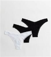 3 Pack Black and White Ribbed Cotton Brazilian Briefs New Look