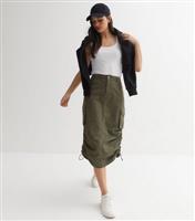 Women's Khaki Denim Ruched Utility Midi Skirt New Look