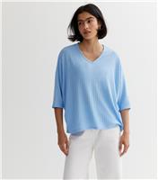 Women's Pale Blue Ribbed Fine Knit V Neck Batwing Top New Look
