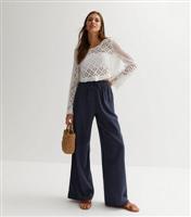 Women's Navy Linen Blend Wide Leg Trousers New Look