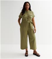 Women's Plus Size Khaki Utility Wide Leg Jumpsuit Curves New Look