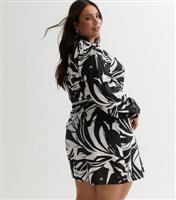 Curves Black Abstract Long Sleeve Mini Wrap Dress New Look