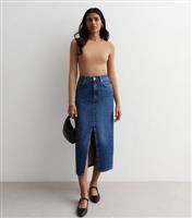 Women's Mid Blue Denim Split Hem Maxi Skirt New Look