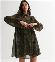 Women's Green Paisley Chiffon Frill Tie High Neck Mini Dress New Look