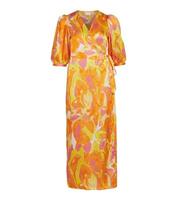 VILA Orange Abstract Satin Midi Wrap Dress New Look