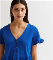Bright Blue Cotton Frill Button Front Mini Smock Dress New Look