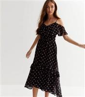 Women's Black Spot Cold Shoulder Ruffle Midi Dress New Look