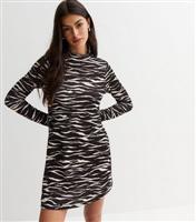 Black Zebra Print Ribbed High Neck Mini Dress New Look