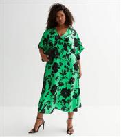 Women's Plus Size Green Floral Satin Kimono Sleeve Midi Dress Curves New Look
