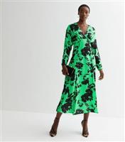 Women's Tall Green Floral Satin Kimono Sleeve Midi Dress New Look