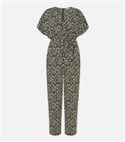 Women's Black Leopard Print Short Kimono Sleeve Wide Leg Wrap Jumpsuit Yumi New Look