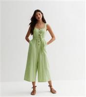 Women's Light Green Cotton Button Front Wide Leg Jumpsuit New Look