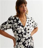 Women's Black Mixed Floral Animal Print Midi Wrap Dress New Look