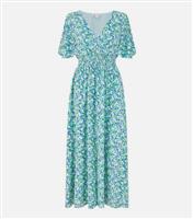 Women's Green Ditsy Floral Shirred Midi Wrap Dress Yumi New Look