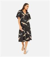 Women's Black Bird Print V Neck Kimono Midi Dress Yumi New Look