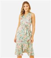 Women's Green Floral Satin Sleeveless Midi Wrap Dress Mela New Look