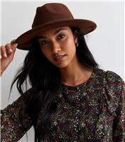 Dark Brown Ribbon Trim Fedora New Look