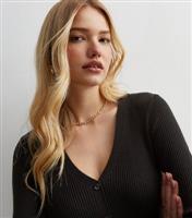 Women's Black Ribbed Knit Button Front Midi Dress New Look