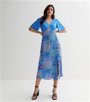 Blue Mixed Floral Flutter Sleeve Midi Dress New Look