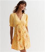 Yellow Floral Puff Sleeve Mini Dress New Look