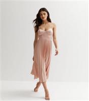 Pale Pink Satin Bustier Pleated Midi Dress New Look