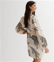 Women's White Leopard Print Satin Puff Sleeve Mini Wrap Dress New Look