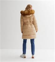 Women's Maternity Camel Faux Fur Hood Belted Puffer Coat New Look