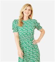 Women's Green Floral Shirred Puff Sleeve Midi Dress Mela New Look