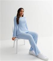 Petite Pale Blue Ribbed Knit Flared Trousers New Look