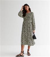 Women's Black Animal Print Shirred Long Sleeve Midi Dress Blue Vanilla New Look