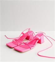 Women's Bright Pink Tie Strappy Mid Block Heel Sandals Public Desire New Look
