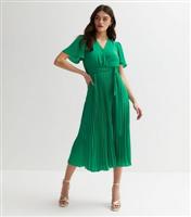 Women's Green Satin Pleated Midi Wrap Dress Gini London New Look