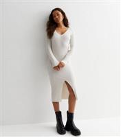 Women's Petite Cream Ribbed Knit V Neck Split Hem Midi Dress New Look