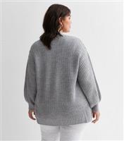 Women's Plus Size Grey Stitch Knit Balloon Sleeve Cardigan Curves New Look