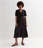 Black Linen-Look Tie Front Midi Dress New Look