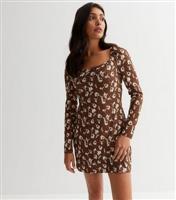 Influence Brown Floral Spot Long Sleeve Bodycon Mini Dress New Look